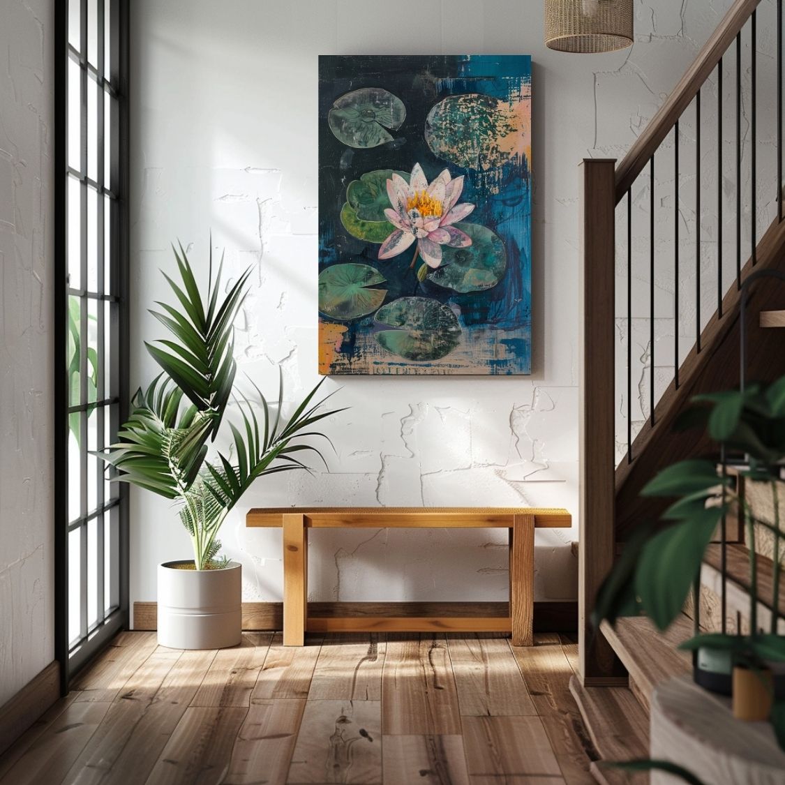 Canvas print wall art showing 'Tranquil Bloom - Water Lily Serenity' in an entryway