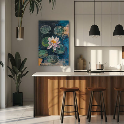 Canvas print wall art showing 'Tranquil Bloom - Water Lily Serenity' in a kitchen