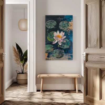 Canvas print wall art showing 'Tranquil Bloom - Water Lily Serenity' in a boho entryway