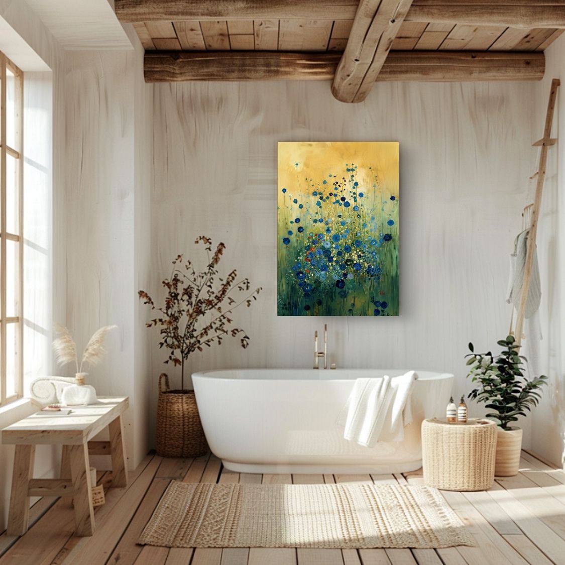 Canvas print wall art showing 'Blue Whisper - Blue Floral Tones Against Soft Abstract' in a bathroom