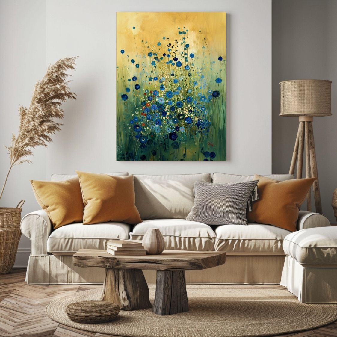 Canvas print wall art showing 'Blue Whisper - Blue Floral Tones Against Soft Abstract' in a boho living room