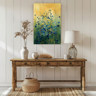 Canvas print wall art showing 'Blue Whisper - Blue Floral Tones Against Soft Abstract' in a hallway