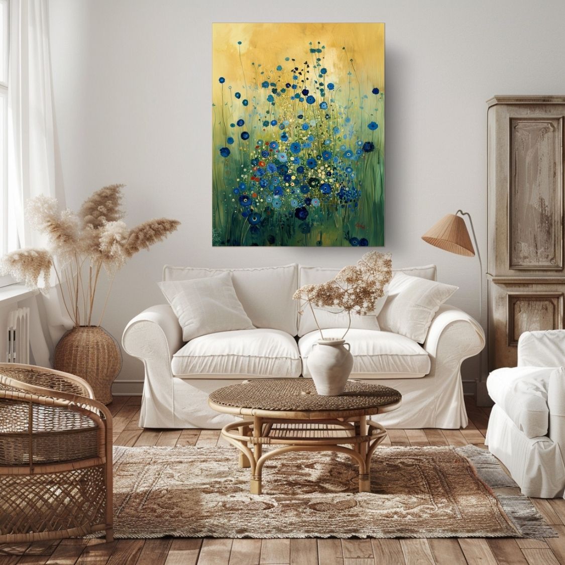 Canvas print wall art showing 'Blue Whisper - Blue Floral Tones Against Soft Abstract' in a living room