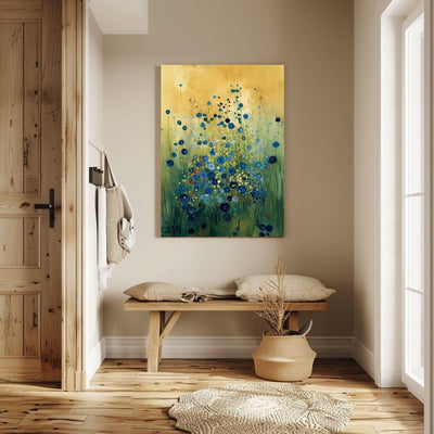 Canvas print wall art showing 'Blue Whisper - Blue Floral Tones Against Soft Abstract' in an entryway