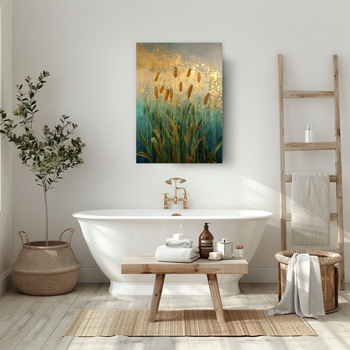 Canvas wall art print showing 'Reeds in Reverie - Cattails in Abstract Dreams' in a bathroom