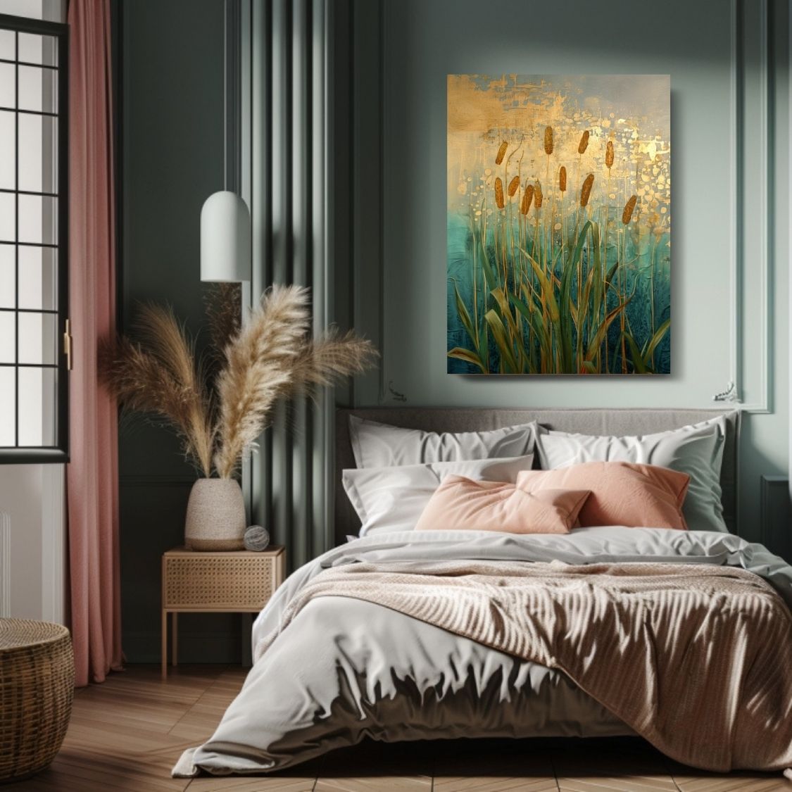 Canvas wall art print showing 'Reeds in Reverie - Cattails in Abstract Dreams' in a bedroom