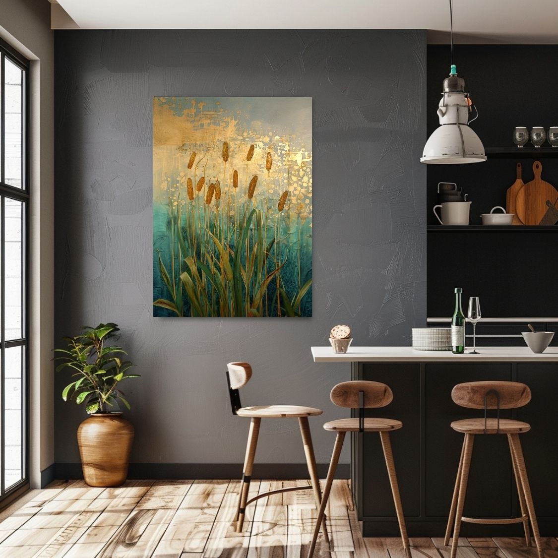 Canvas wall art print showing 'Reeds in Reverie - Cattails in Abstract Dreams' in a kitchen