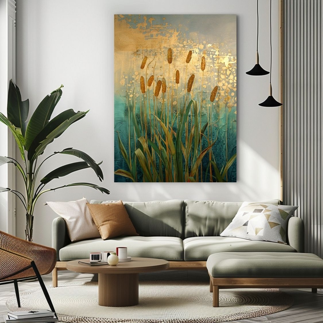 Canvas wall art print showing 'Reeds in Reverie - Cattails in Abstract Dreams' in a living room