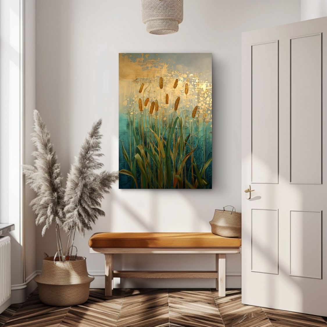 Canvas wall art print showing 'Reeds in Reverie - Cattails in Abstract Dreams' in an entryway