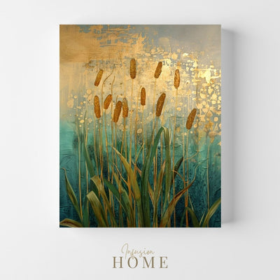 Canvas wall art print showing 'Reeds in Reverie - Cattails in Abstract Dreams'