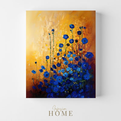 Canvas wall art print showing 'Sapphire Serenity - Dark Blue Wildflowers in Gentle Light'