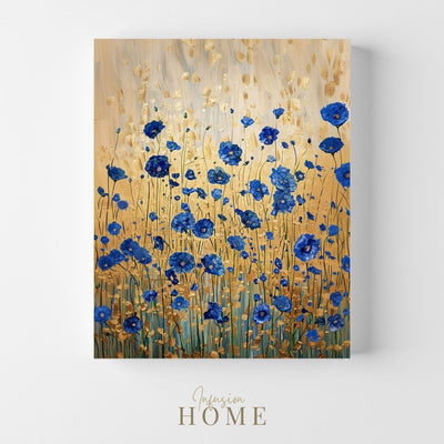 Canvas print wall art showing 'Calm Indigo - Deep Blue Wildflowers in Quiet Harmony' 