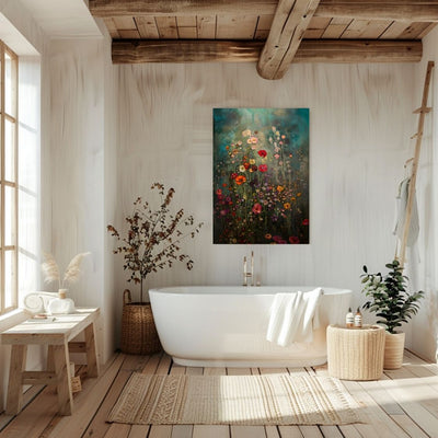 Canvas wall art print of 'Shadowed Flora - Deep Hues Amidst Gentle Abstracts' in a bathroom