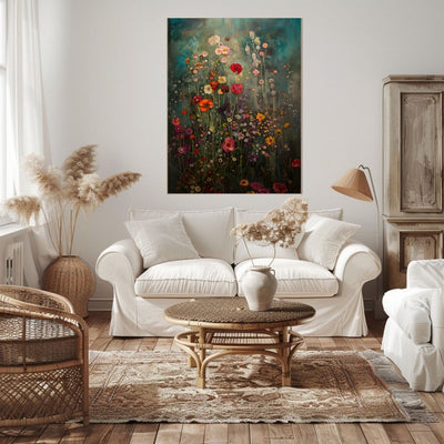 Canvas wall art print of 'Shadowed Flora - Deep Hues Amidst Gentle Abstracts' in a boho living room