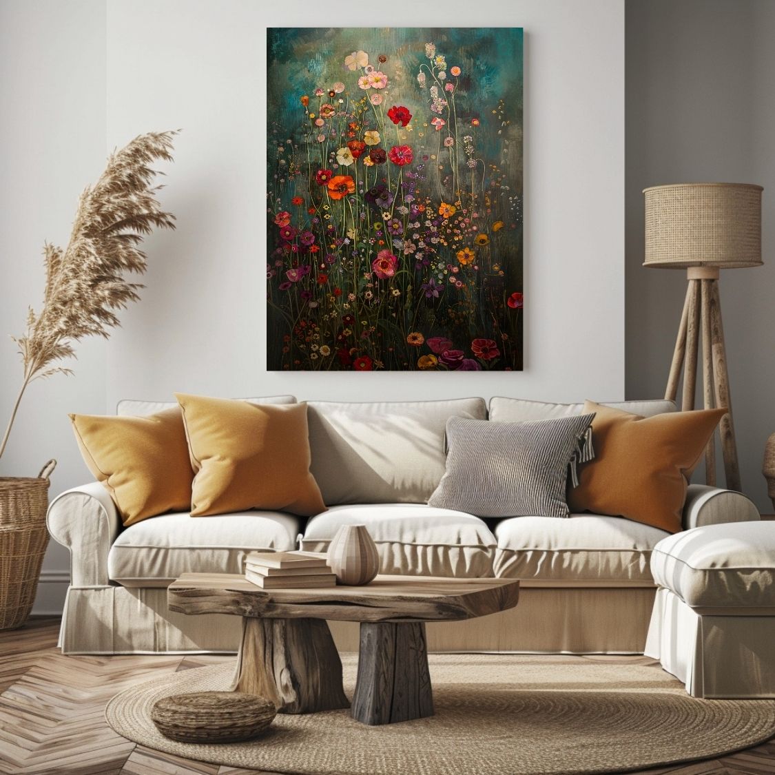 Canvas wall art print of 'Shadowed Flora - Deep Hues Amidst Gentle Abstracts' in a living room