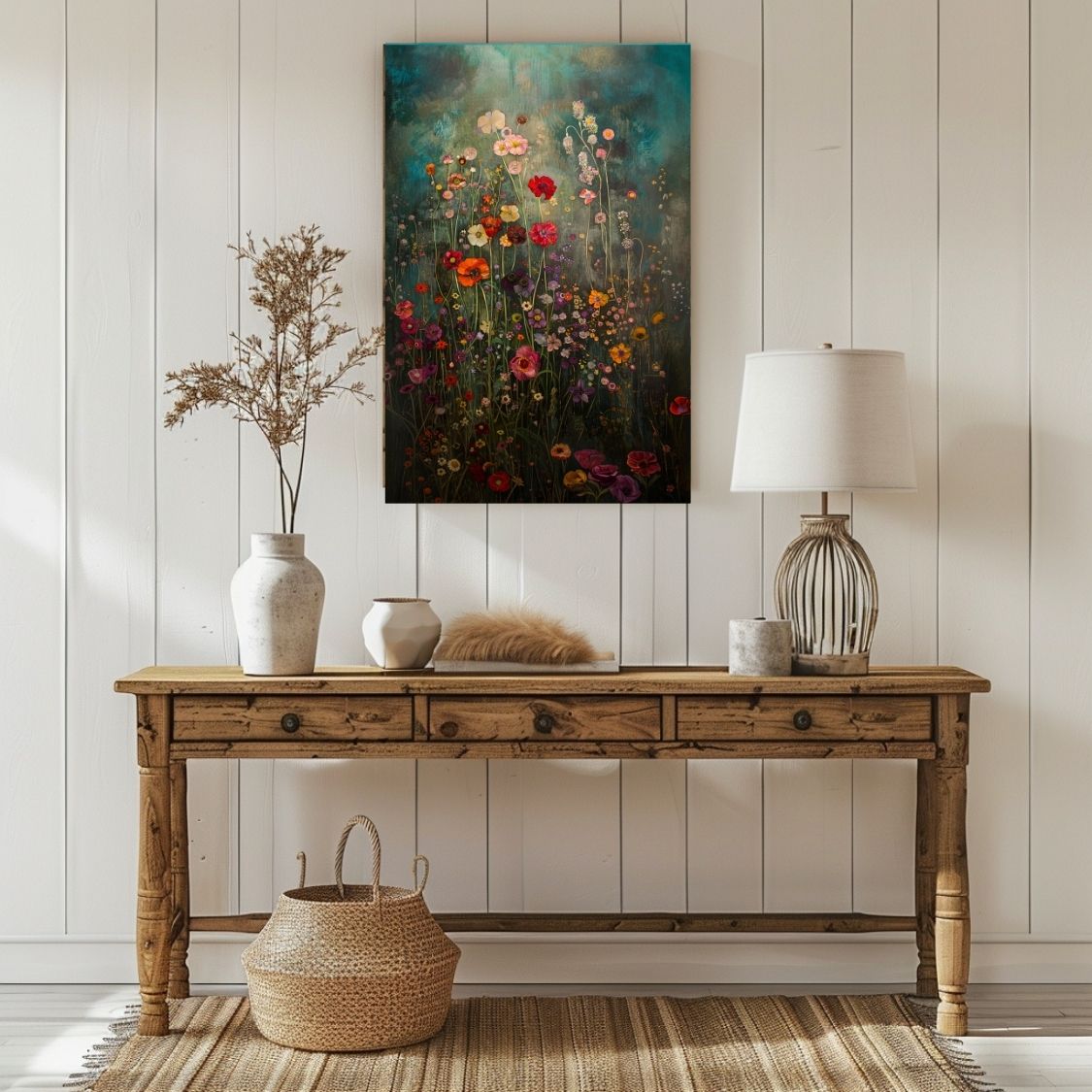 Canvas wall art print of 'Shadowed Flora - Deep Hues Amidst Gentle Abstracts' in an entryway