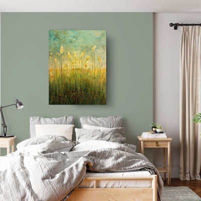 Canvas print wall art 'Silhouette Strokes - Cattails Against Artistic Skies' in a bedroom