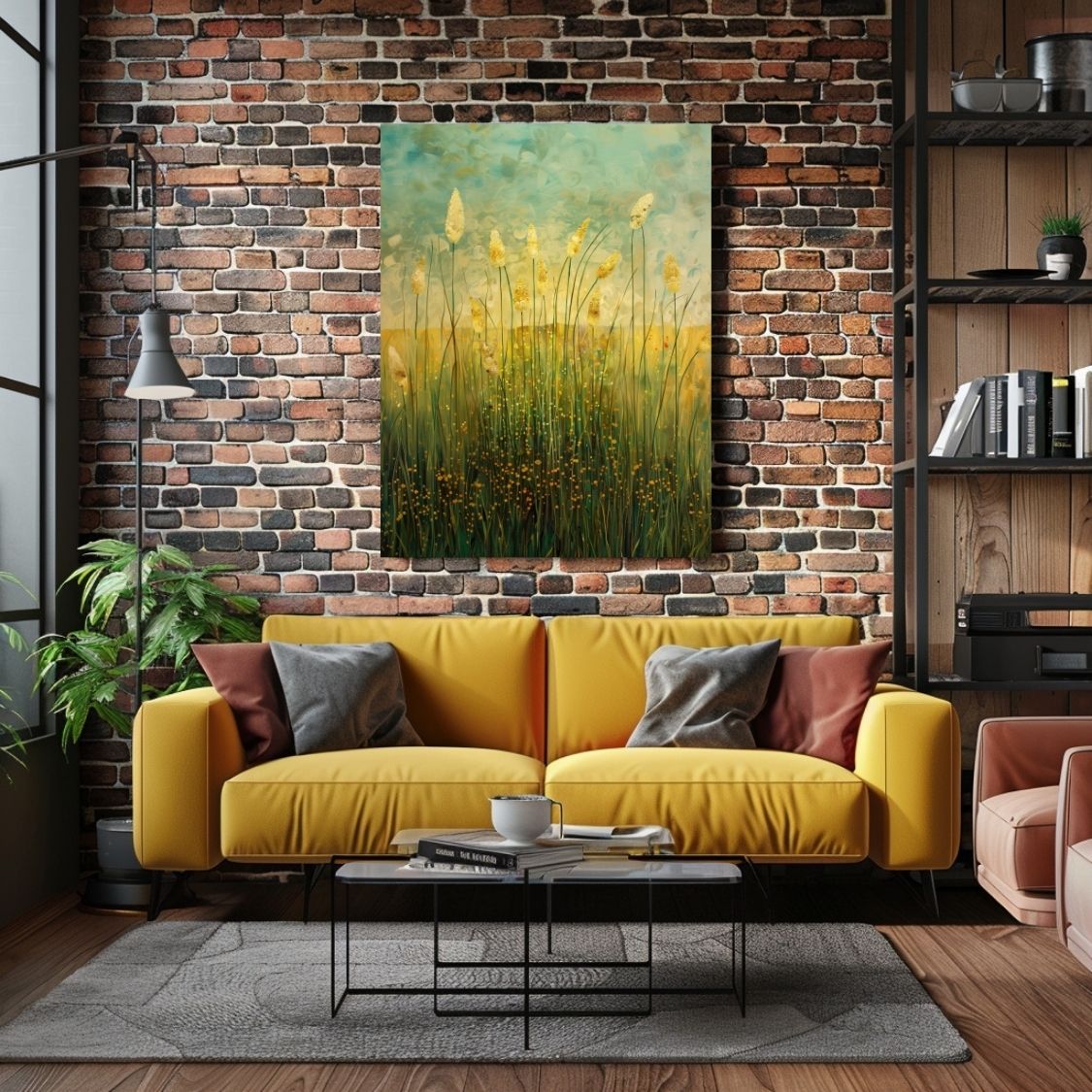 Canvas print wall art 'Silhouette Strokes - Cattails Against Artistic Skies' in a living room