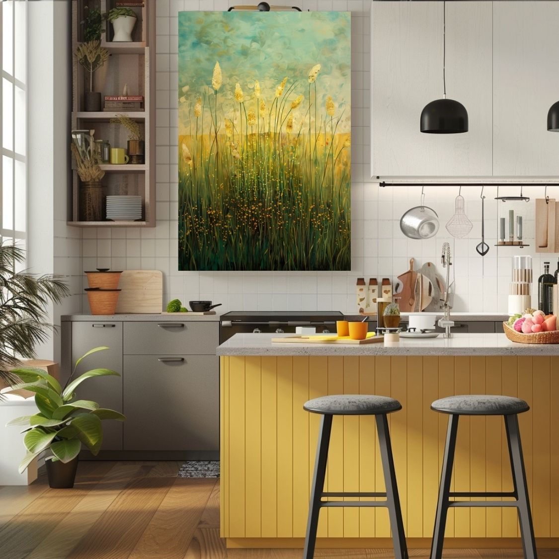 Canvas print wall art 'Silhouette Strokes - Cattails Against Artistic Skies' in a kitchen