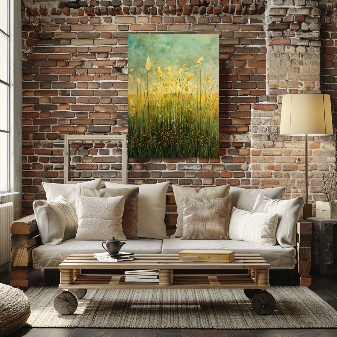 Canvas print wall art 'Silhouette Strokes - Cattails Against Artistic Skies' in a living room