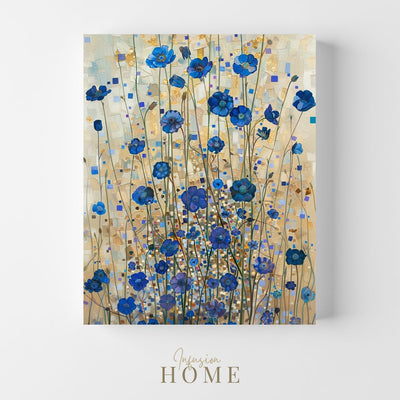 Canvas wall art print showing 'Indigo Light - Dark Blue Wildflowers with Gentle Abstract Touches'