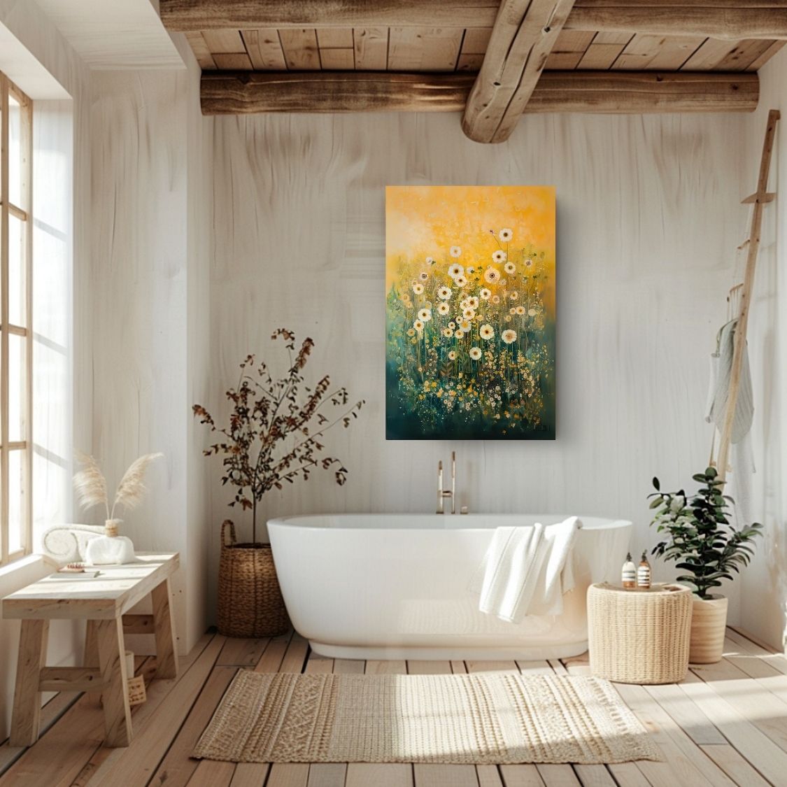 Canvas wall art print showing 'Ethereal Blooms - Light Wildflowers in Abstract Haze' in a bathroom