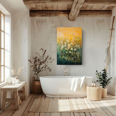 Canvas wall art print showing 'Ethereal Blooms - Light Wildflowers in Abstract Haze' in a bathroom