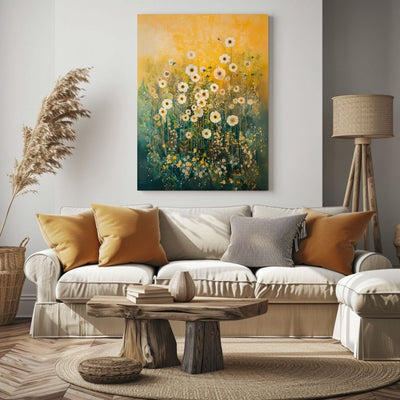 Canvas wall art print showing 'Ethereal Blooms - Light Wildflowers in Abstract Haze' in a boho living room