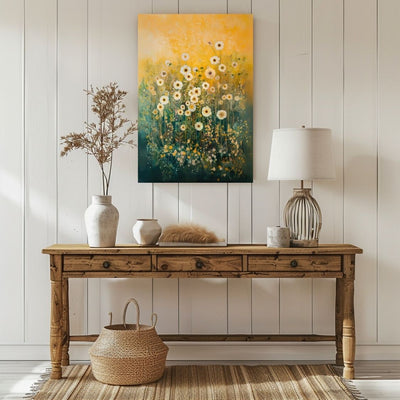 Canvas wall art print showing 'Ethereal Blooms - Light Wildflowers in Abstract Haze' in a hallway