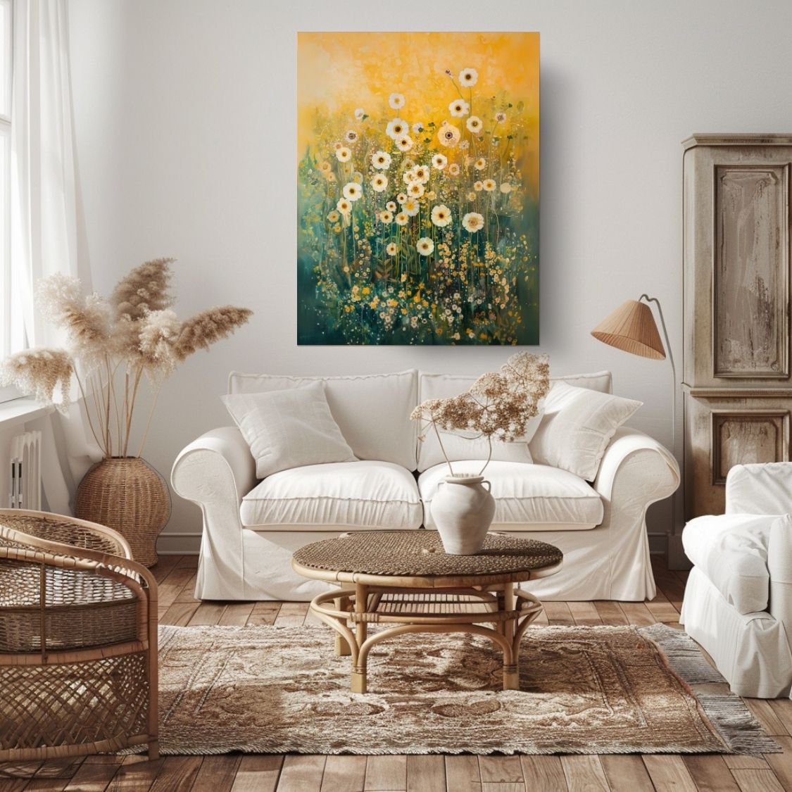 Canvas wall art print showing 'Ethereal Blooms - Light Wildflowers in Abstract Haze' in a living room