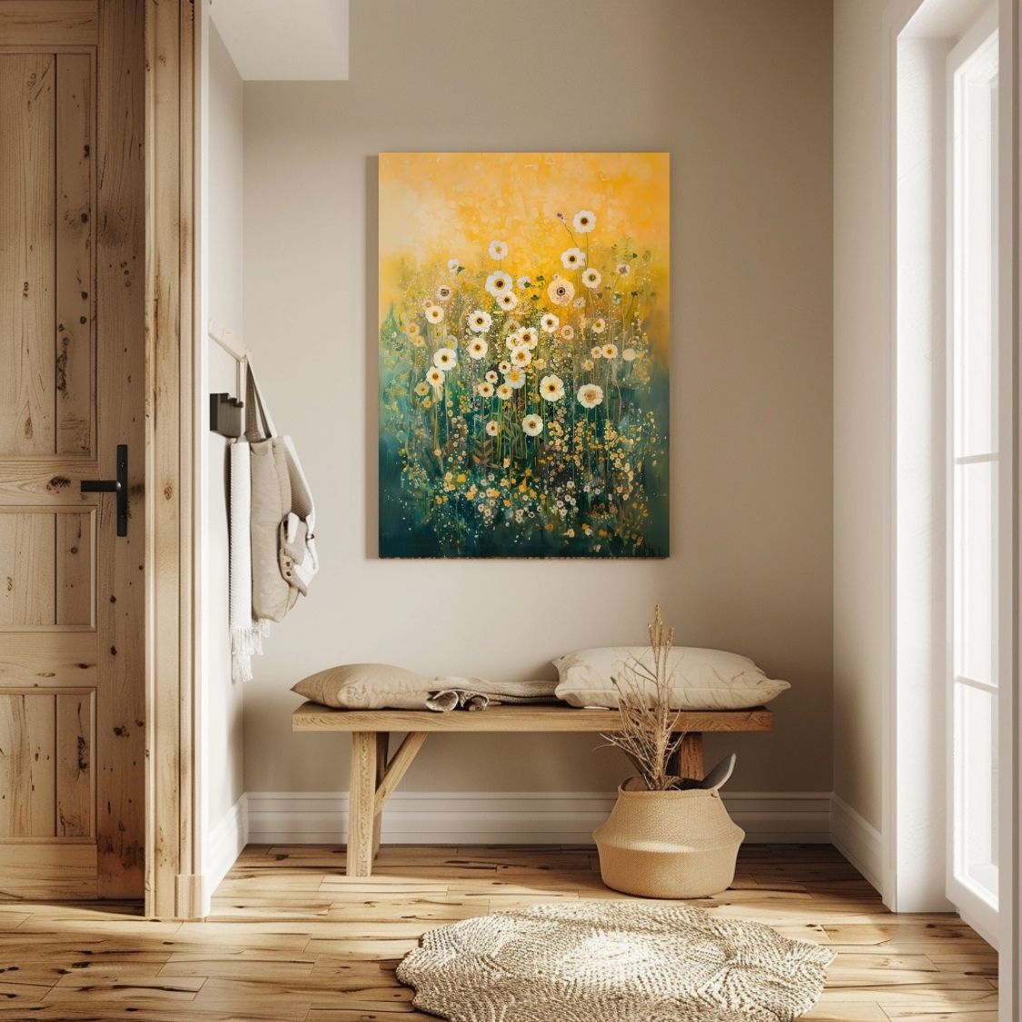 Canvas wall art print showing 'Ethereal Blooms - Light Wildflowers in Abstract Haze' in an entryway