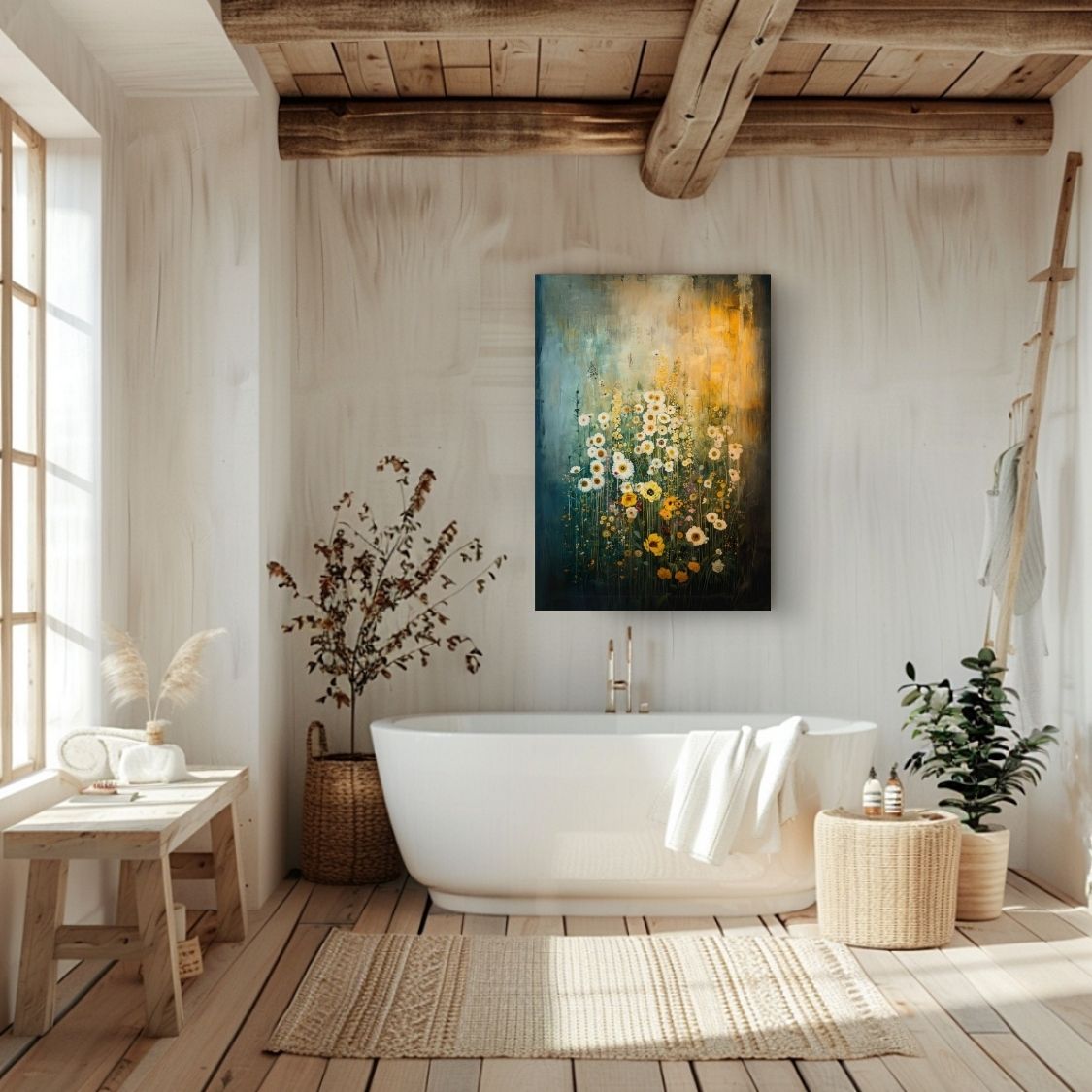 Canvas print wall art featuring 'Tranquil Nature - Serene Wildflowers in Matching Tones' in a bathroom