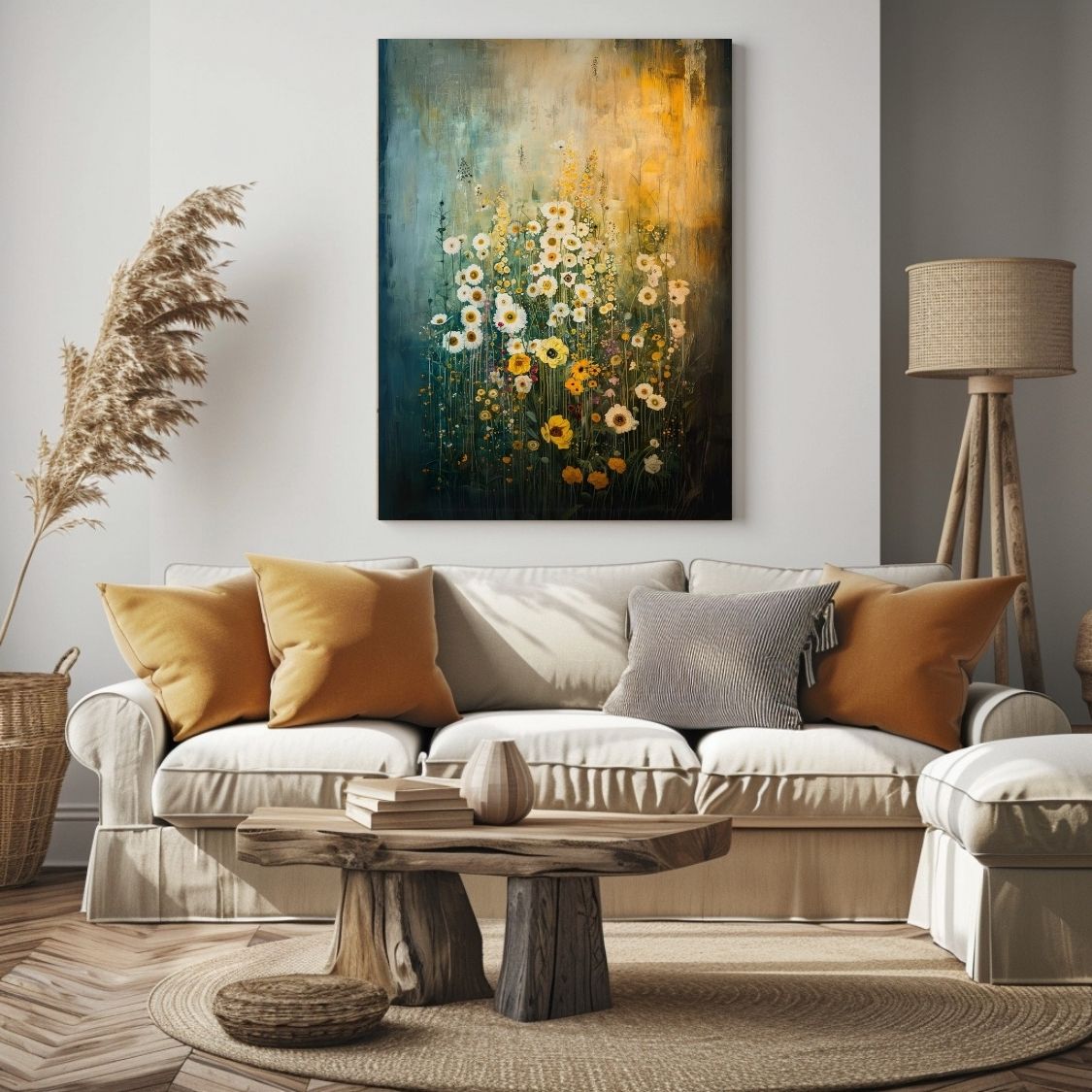 Canvas print wall art featuring 'Tranquil Nature - Serene Wildflowers in Matching Tones' in a living room