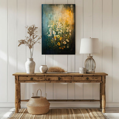 Canvas print wall art featuring 'Tranquil Nature - Serene Wildflowers in Matching Tones' in a hallway