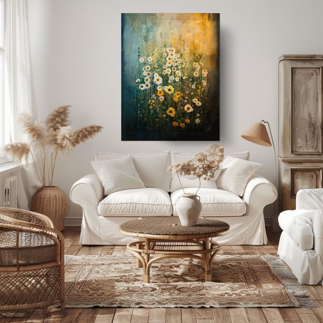 Canvas print wall art featuring 'Tranquil Nature - Serene Wildflowers in Matching Tones' in a living room