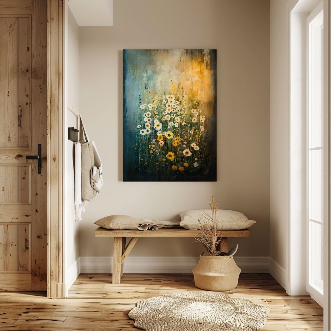 Canvas print wall art featuring 'Tranquil Nature - Serene Wildflowers in Matching Tones' in an entryway