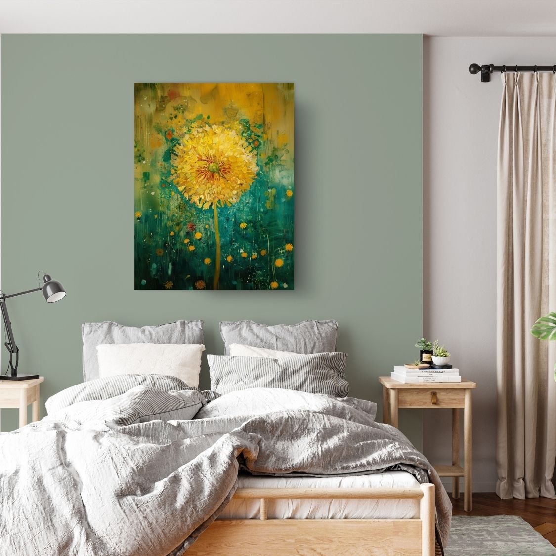 Canvas print wall art of 'Magic in the Air - The Whimsical World of a Dandelion' in a bedroom