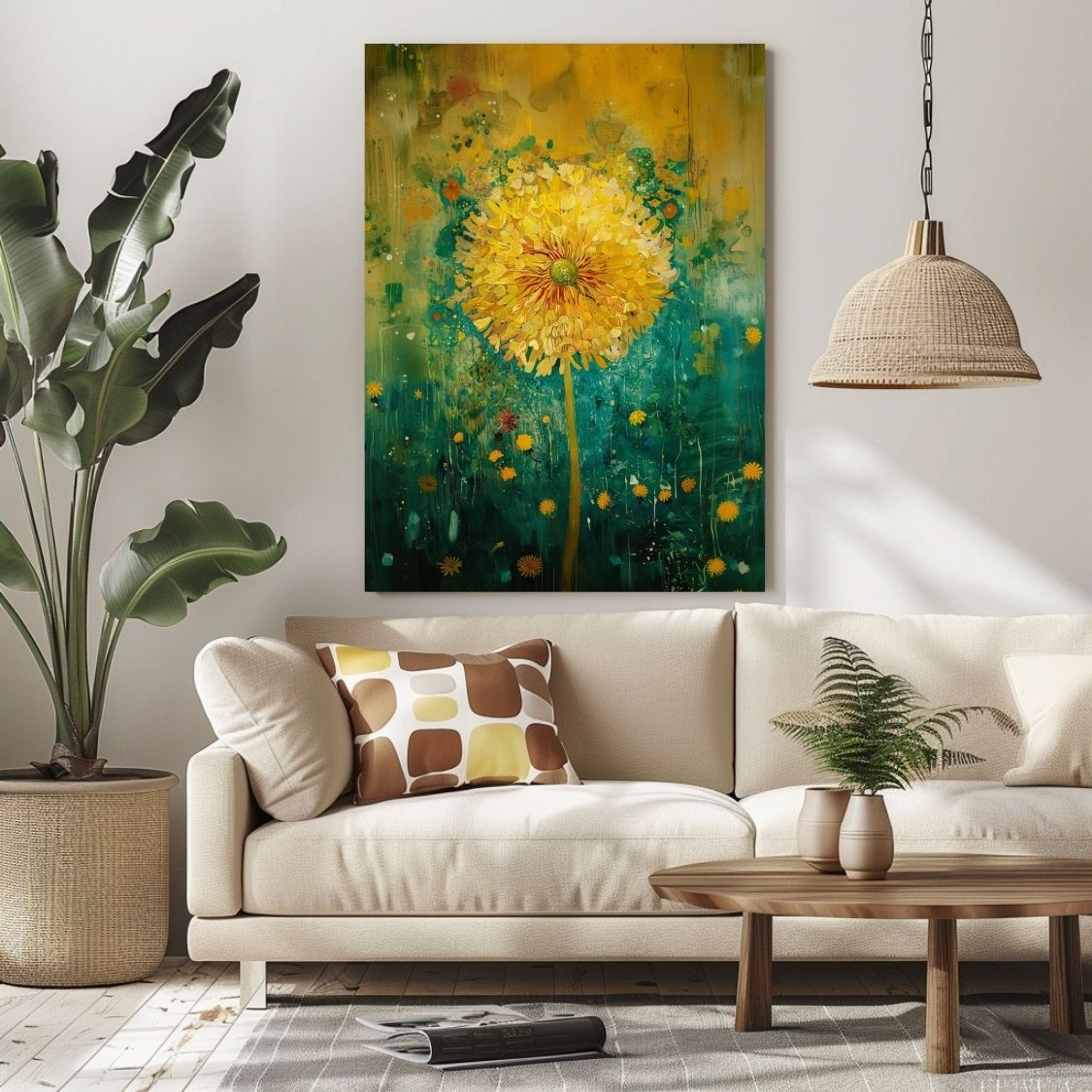 Canvas print wall art of 'Magic in the Air - The Whimsical World of a Dandelion' in a modern living room