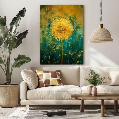 Canvas print wall art of 'Magic in the Air - The Whimsical World of a Dandelion' in a modern living room