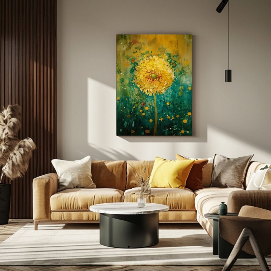 Canvas print wall art of 'Magic in the Air - The Whimsical World of a Dandelion' in a living room