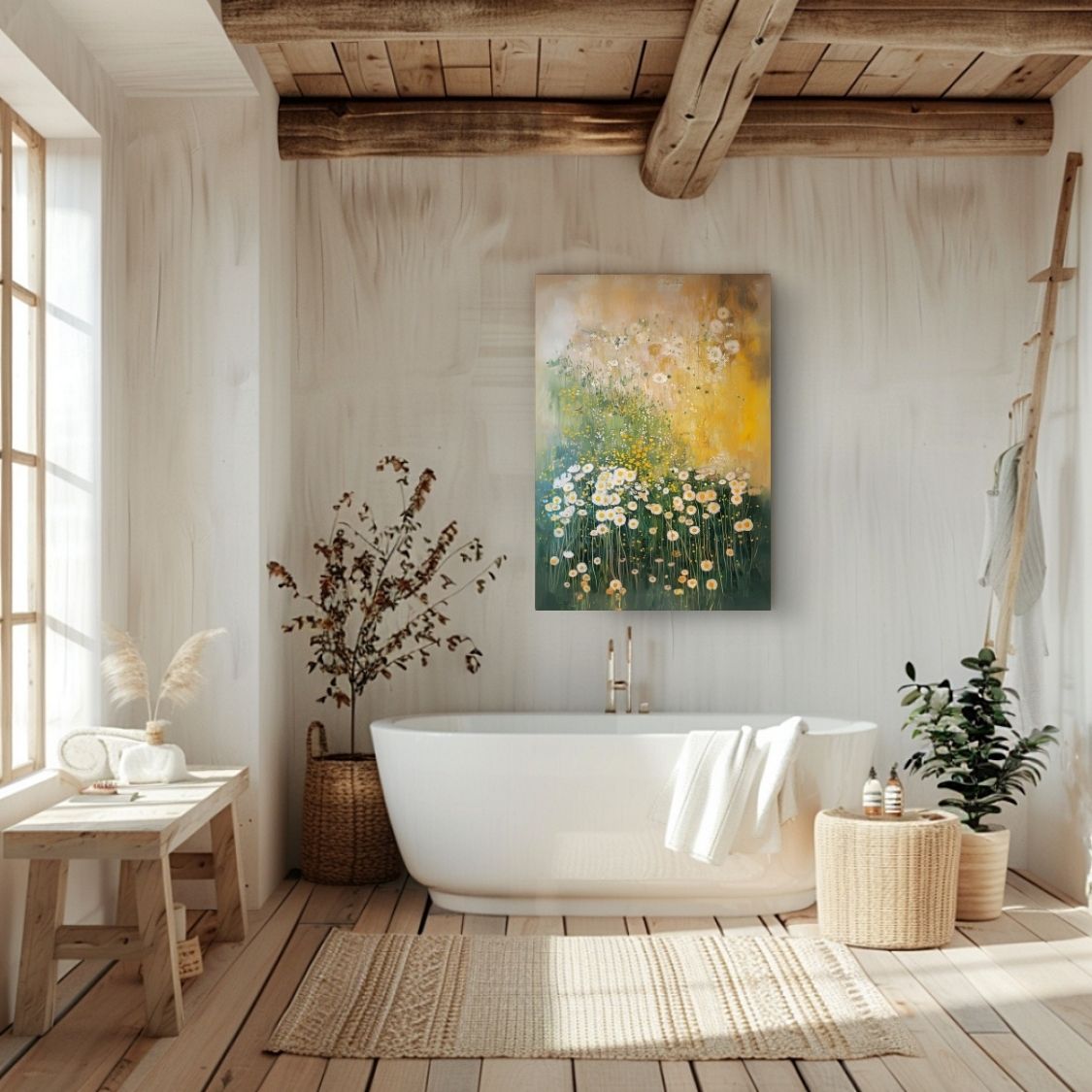 Canvas print wall art featuring 'Sunlit Serenity - White and Yellow Wildflowers in Soft Harmony' in a bathroom