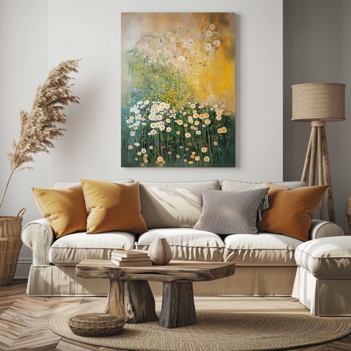 Canvas print wall art featuring 'Sunlit Serenity - White and Yellow Wildflowers in Soft Harmony' in a living room