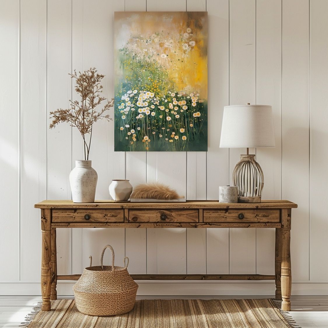 Canvas print wall art featuring 'Sunlit Serenity - White and Yellow Wildflowers in Soft Harmony' in a hallway