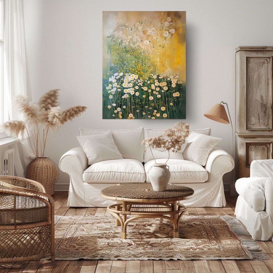 Canvas print wall art featuring 'Sunlit Serenity - White and Yellow Wildflowers in Soft Harmony' in a living room