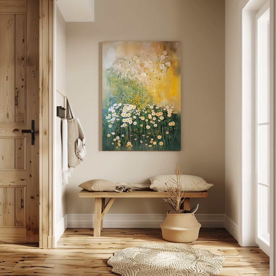 Canvas print wall art featuring 'Sunlit Serenity - White and Yellow Wildflowers in Soft Harmony' in an entryway