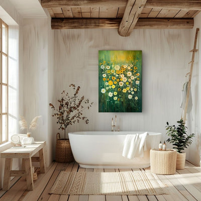 Canvas print wall art featuring 'Whispering Light - Gentle Wildflowers in White and Yellow' in a bathroom
