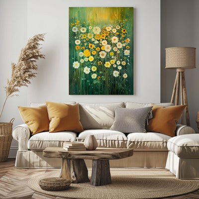 Canvas print wall art featuring 'Whispering Light - Gentle Wildflowers in White and Yellow' in a living room