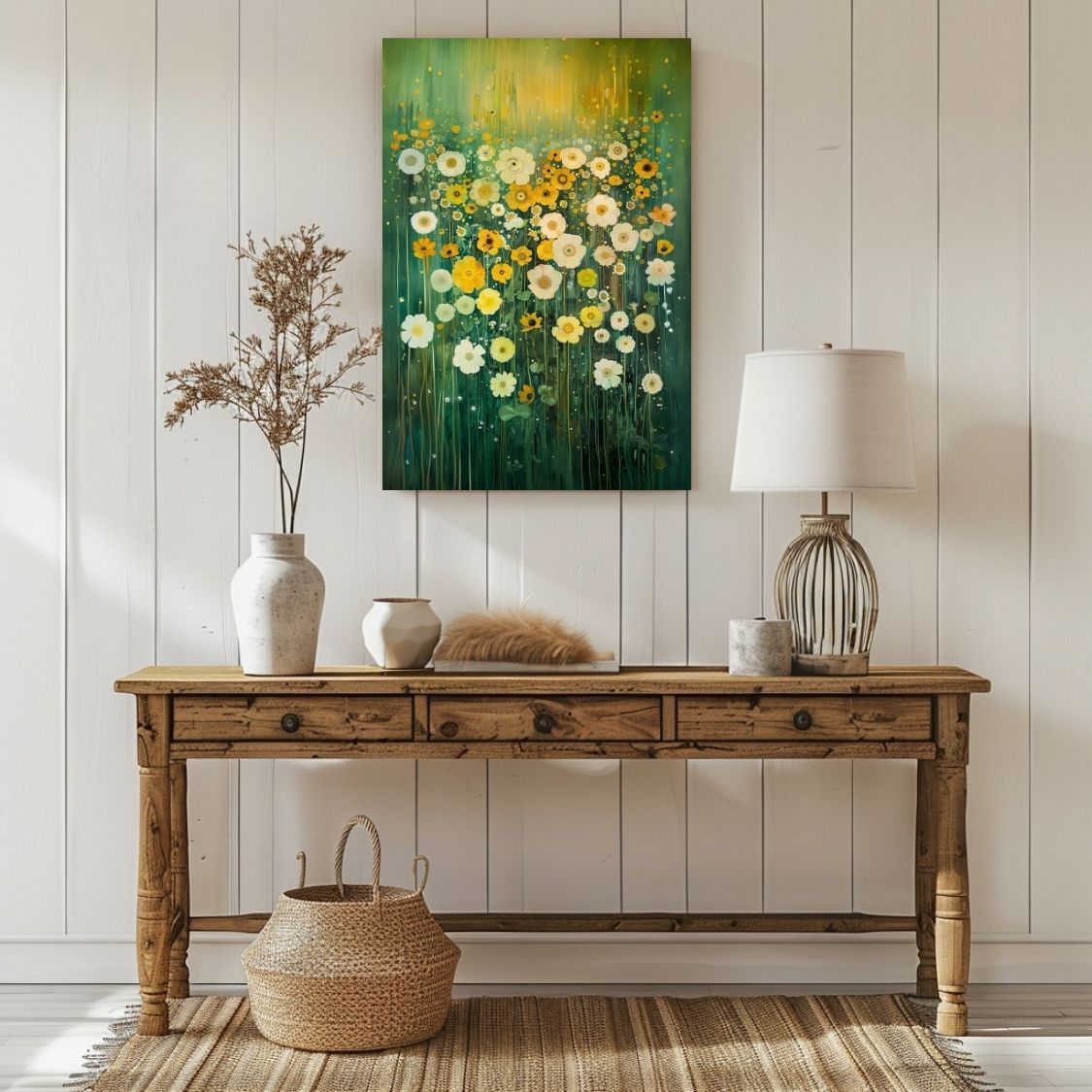 Canvas print wall art featuring 'Whispering Light - Gentle Wildflowers in White and Yellow' in a hallway