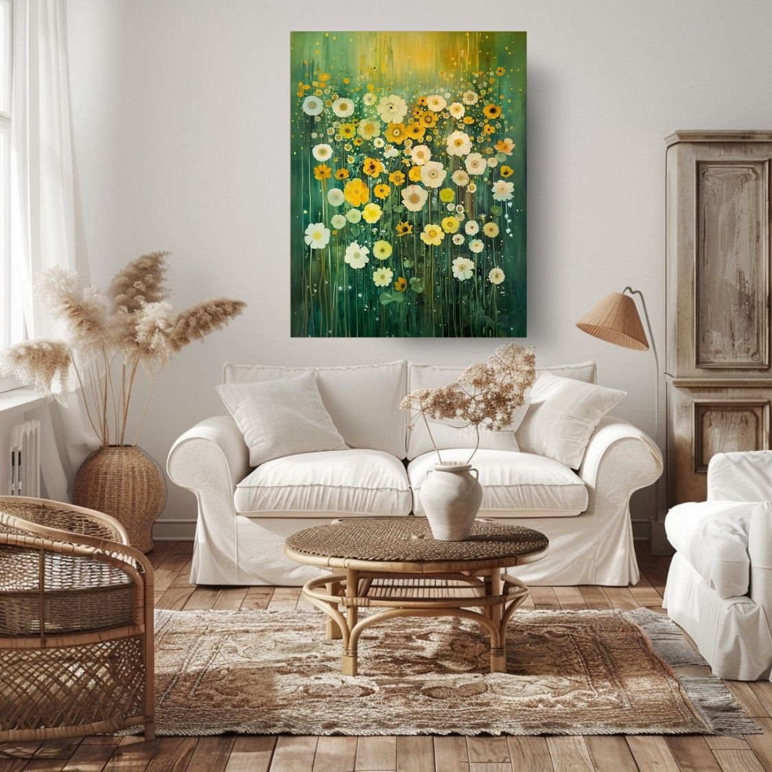 Canvas print wall art featuring 'Whispering Light - Gentle Wildflowers in White and Yellow' in a boho living room