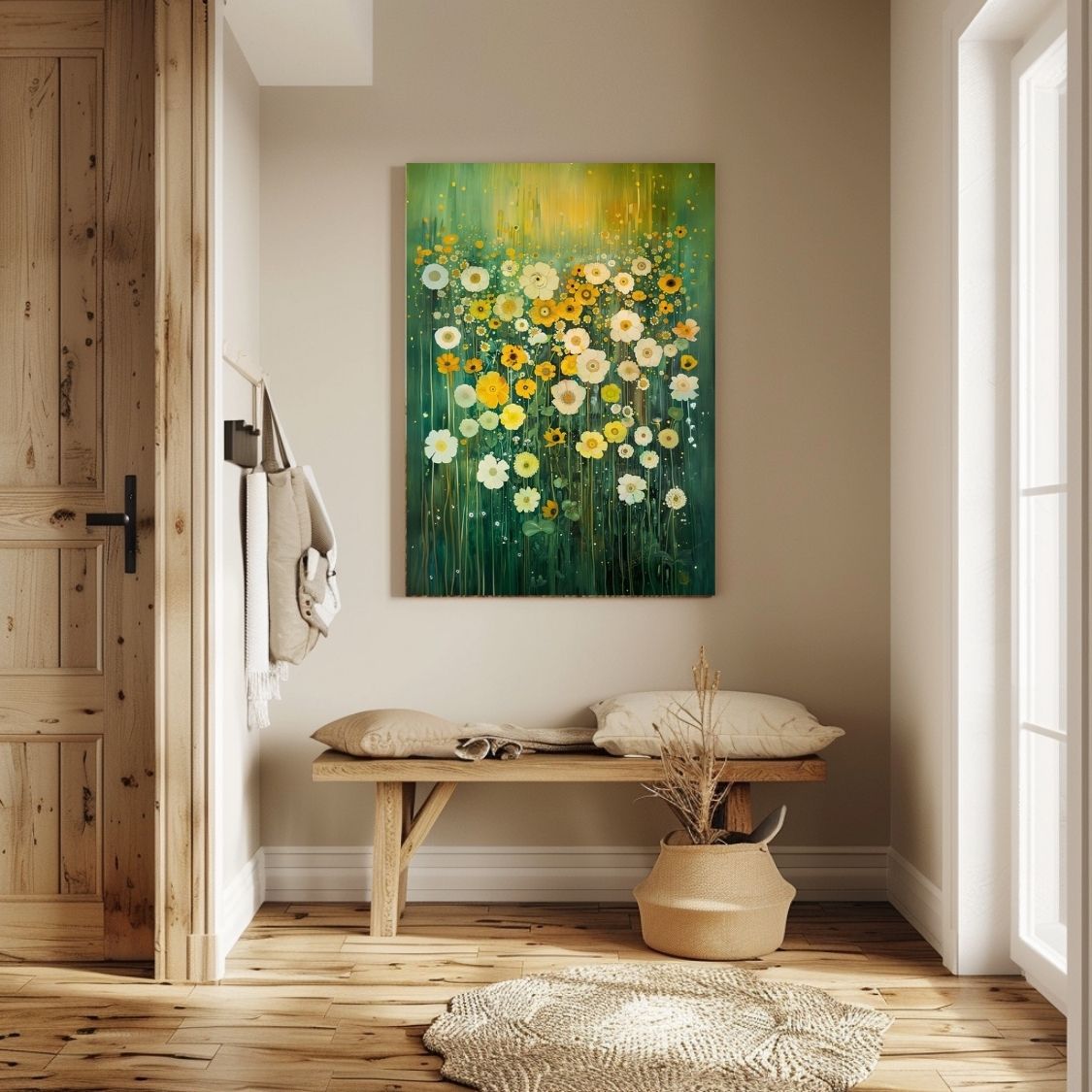Canvas print wall art featuring 'Whispering Light - Gentle Wildflowers in White and Yellow' in an entryway